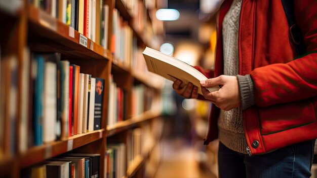 A college student engaged in book search amidst library shelves