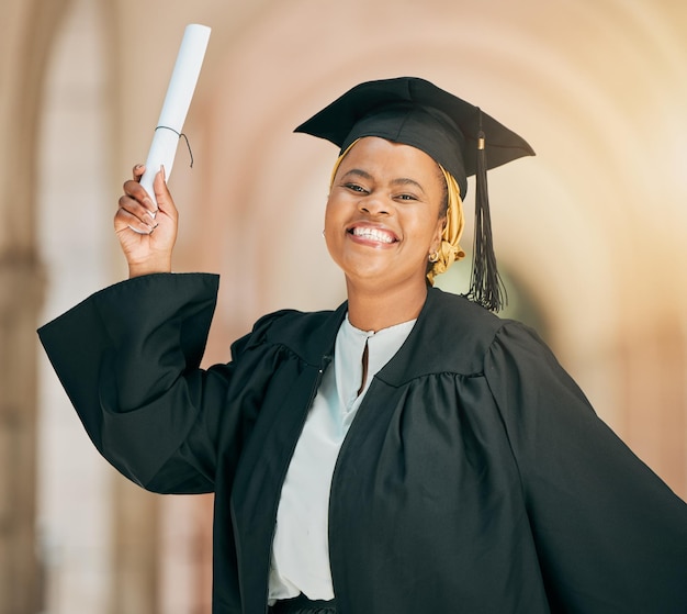 Photo college student graduation certificate or black woman excited smile or celebrate school university education or diploma milestone congratulations or african portrait person with learning success