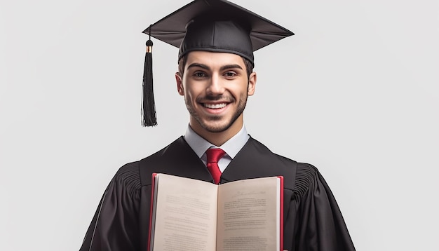 A college student holds a book Graduation and success concept Professional photoshoot