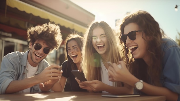 Foto college studenten bezig buiten tiener sociale media waanzin moderne tech verslaving in de universiteit c