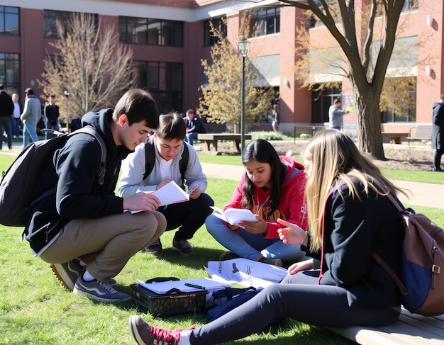 College students cramming outdoor