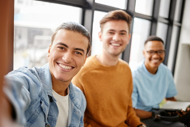 College students selfie men friends and social media at university school and campus Diversity happy portrait perspective and gen z young group taking photos for studying education and learning