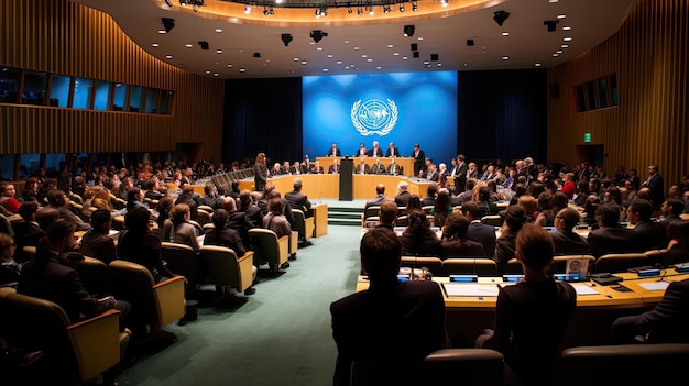 College students take part in a mock United Nations conference debating international issues with eloquence and passion Generated by AI