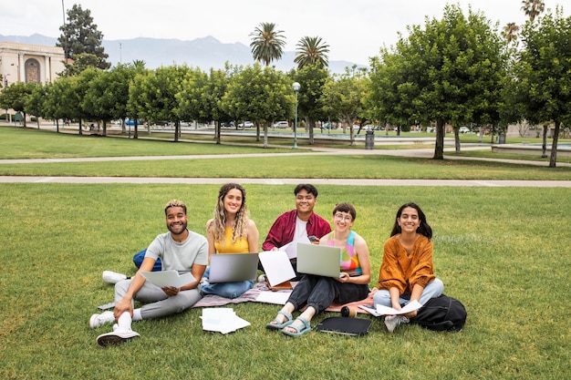 College students working together in the park