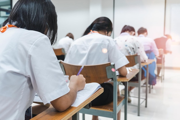 College students writing on final examination papers in the\
classroom concentrately