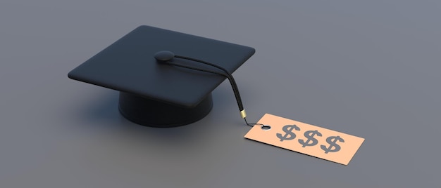 College tuition cost student loan scholarship graduate cap and us dollar sign 3d illustration