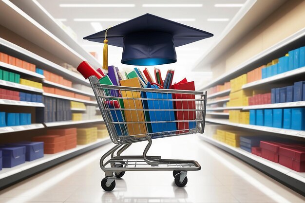 Photo college and university shopping concept with a giant mortar board or graduation cap in a store shop cart as a metaphor for tuition and scholarship choices