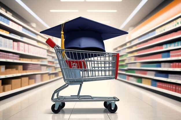 Photo college and university shopping concept with a giant mortar board or graduation cap in a store shop cart as a metaphor for tuition and scholarship choices