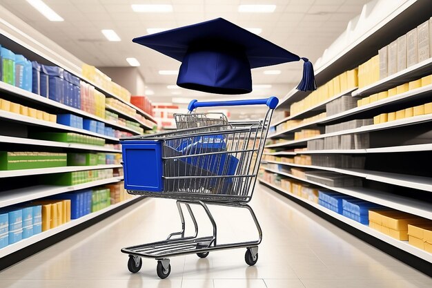 College And University Shopping concept with a giant mortar board or graduation cap in a store shop cart as a metaphor for tuition and scholarship choices