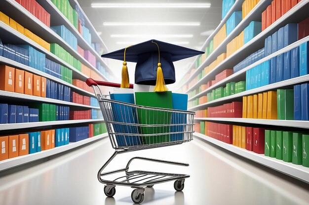 Photo college and university shopping concept with a giant mortar board or graduation cap in a store shop cart as a metaphor for tuition and scholarship choices