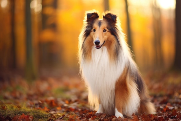 A collie dog is sitting in the autumn forest walking in the park