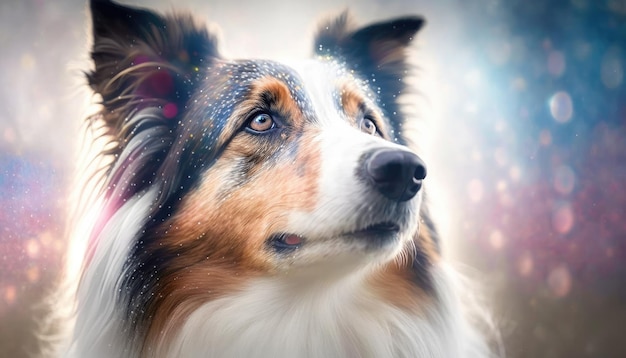 Collie Dog Medium Shot White Pink Blue Magical Fantasy Bokeh Generative AI