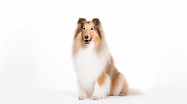 A collie dog sits in front of a white background.