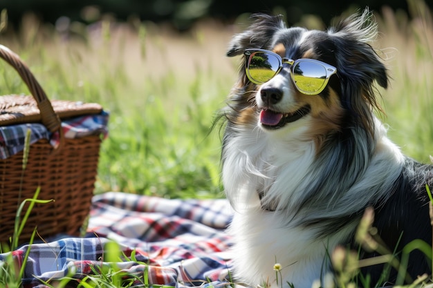 Collie in reflective sunglasses by a picnic basket