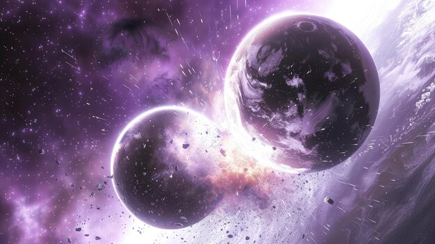 The collision of two planets causes planetary explosions with a light purple color