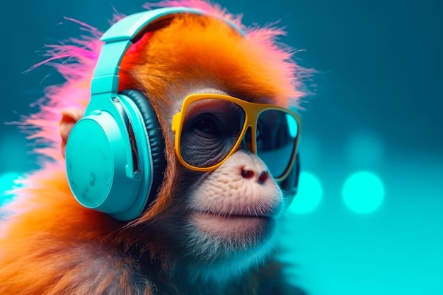 A colofrul illustration of Monkey wearing stylish headphones perfect for a fun and creative tshirt design Ai generated
