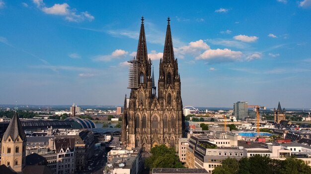 Cologne cathedral - the iconic church in the city center - aerial view