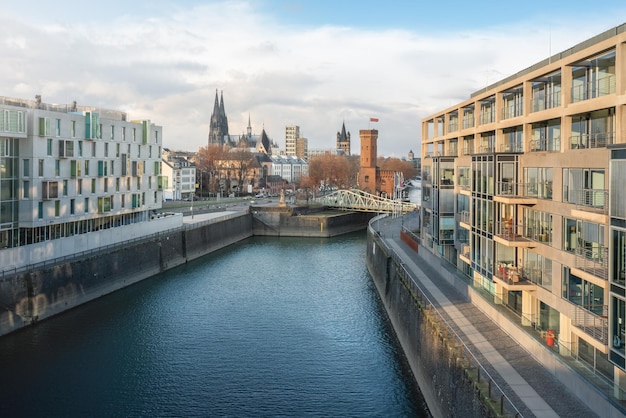 Photo cologne skyline from rheinauhafen with cathedral great st martin church and malakoff tower cologne germany