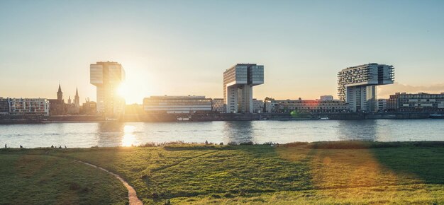 Cologne Skyline at sunset on the rhine river, germany