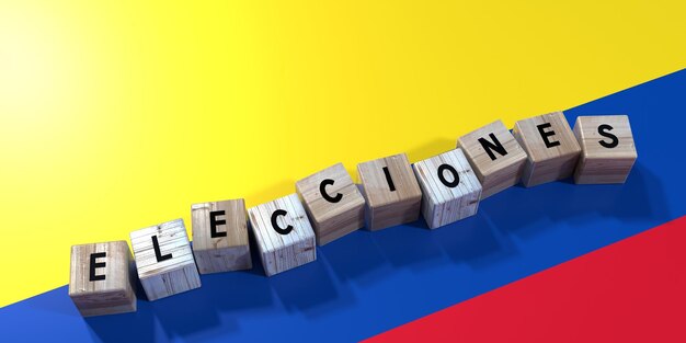 Colombia elections concept wooden blocks and country flag 3d illustration