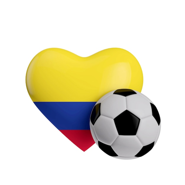 Colombia flag heart shape with a soccer ball Love football 3D Rendering