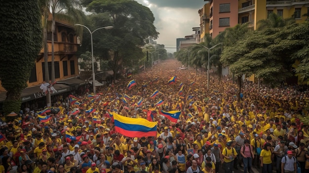 Colombia Independence Day rally of a group of people with national flags parade AI generated