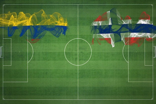 コロンビア対ノルウェーのサッカー試合、国色、国旗、サッカーフィールド、フットボールゲーム、競争コンセプト、コピースペース