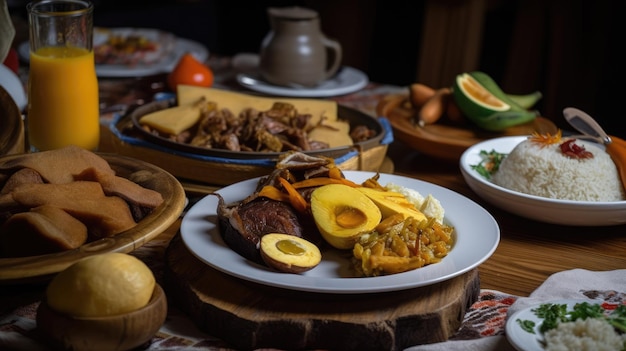 Colombiaans eten een close-up shot van een vers gekookt Paisa-gerecht geserveerd op een rustieke houten tafel