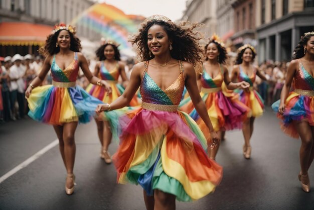 Colombiaanse festiviteiten Een groep dansers dansen in een parade een van hen heeft een regenboogjurk