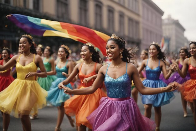 Colombiaanse festiviteiten Een groep dansers dansen in een parade een van hen heeft een regenboogjurk