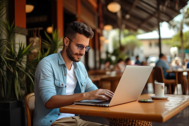 Colombiaanse man met een laptop in een café Digitale levensstijl in Colombia AI gegenereerd