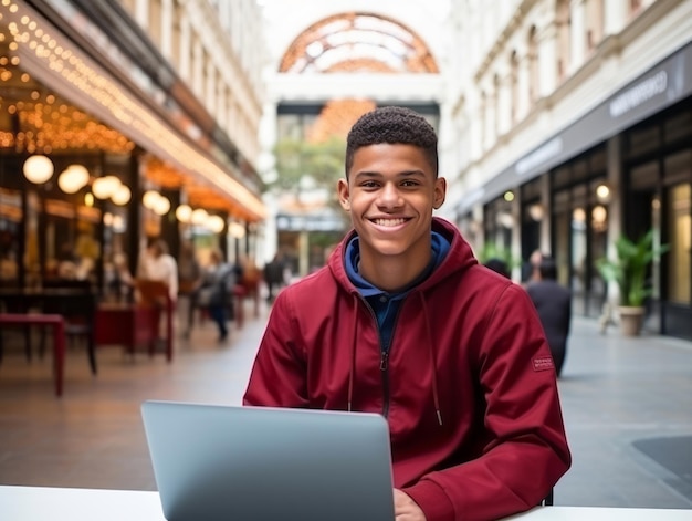 Colombiaanse tiener die aan een laptop werkt in een levendige stedelijke omgeving