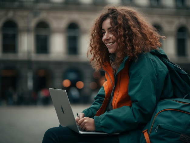 Colombiaanse tiener werkt op een laptop in een levendige stedelijke omgeving