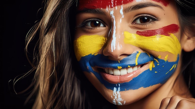 Colombiaanse vrouw met Colombiaanse vlag op haar gezicht geschilderd