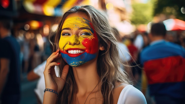 Colombiaanse vrouw met Colombiaanse vlag op haar gezicht geschilderd