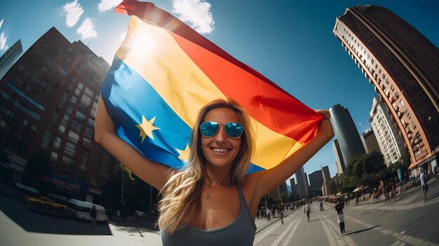 Foto colombiaanse vrouw met een colombiaanse vlag in het centrum van de stad