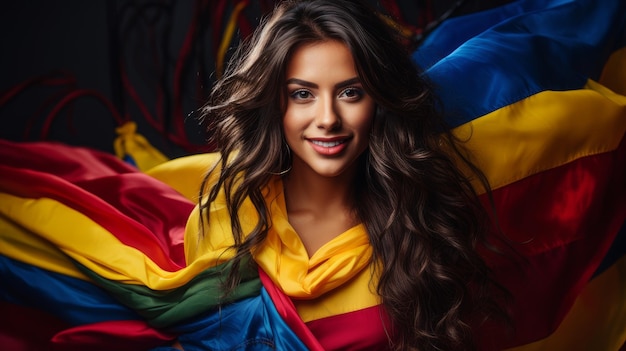 Colombiaanse vrouw tegen de achtergrond van de Colombiaanse vlag
