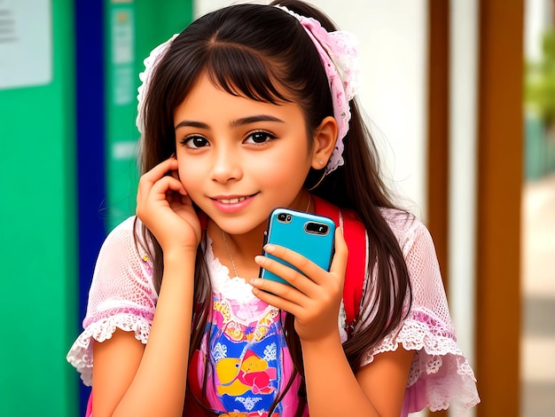 Colombian cute young girl talking friends by cellphone