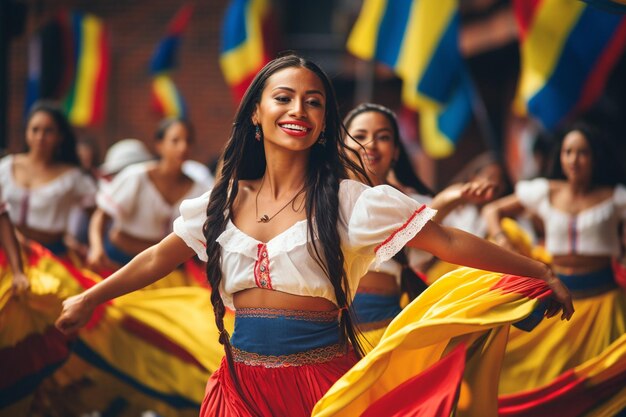 사진 콜롬비아 댄서 들 은 발 을 들고 민속 노래 를 연주 한다