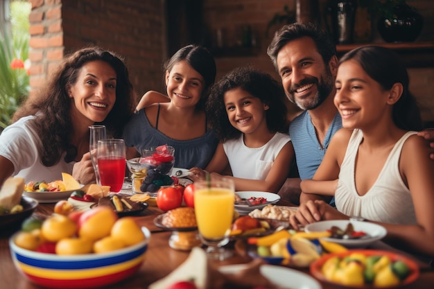 Photo colombian family celebrating national day by eating together generated by ai