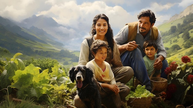 Colombian Family farming outside natural organic farm with childrens and pets