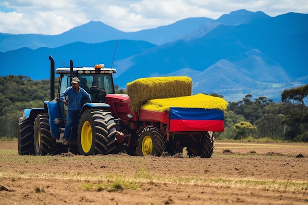 Colombian farmers harvesting crops with flag nearby