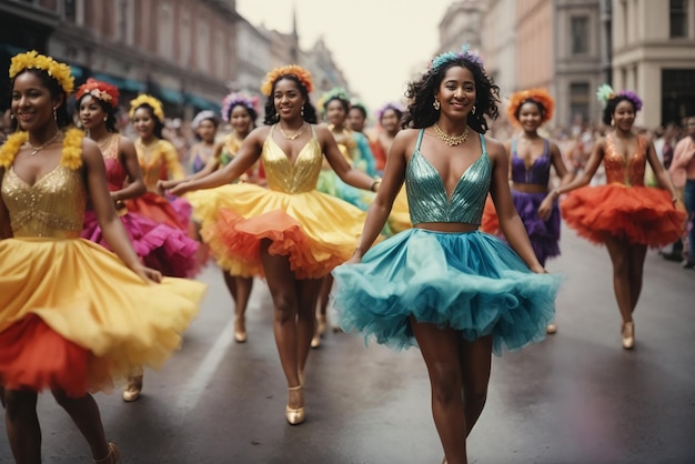 Colombian festivities A group of dancers are dancing in a parade one of them has a rainbow dress