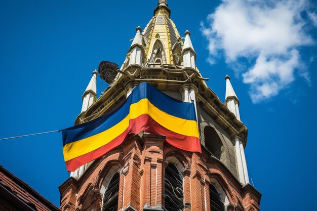 Foto bandiera colombiana su un campanile della cattedrale