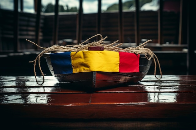 Foto bandiera colombiana su una barca di legno fatta a mano