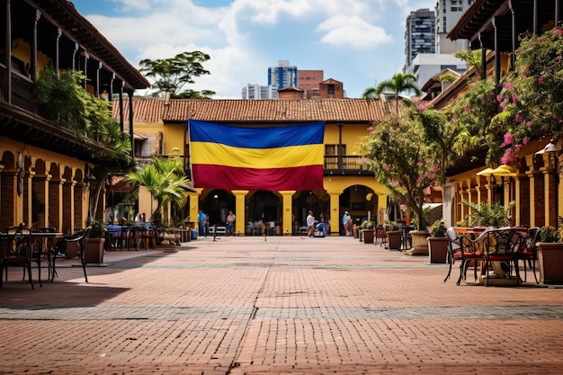 Foto la bandiera colombiana appesa in una piazza storica