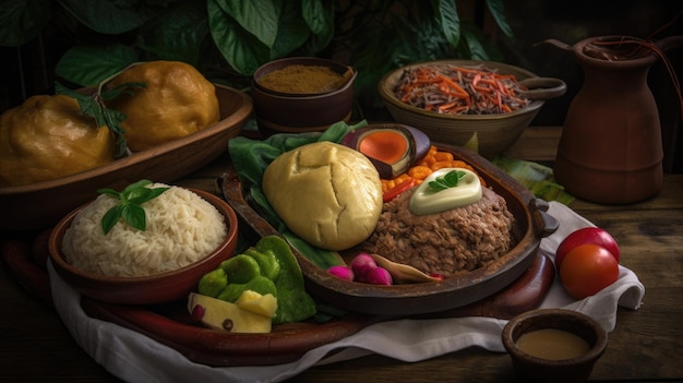소박한 나무 테이블에 제공되는 갓 조리된 파이사 요리의 클로즈업 샷인 콜롬비아 음식