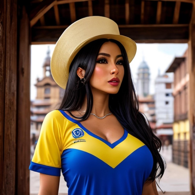 Colombian Girl In Hat And A Blue And Yellow Top