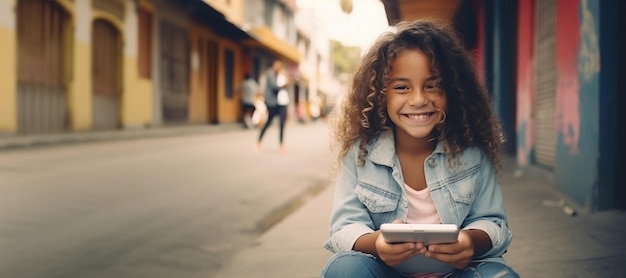 Colombian girl uses a smartphone on the street of Colombia AI Generated