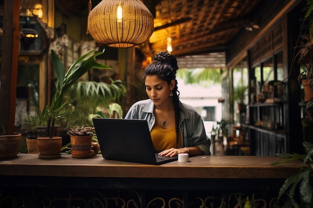 Colombian girl with a laptop in a cafe Digital lifestyle in Colombia AI Generated